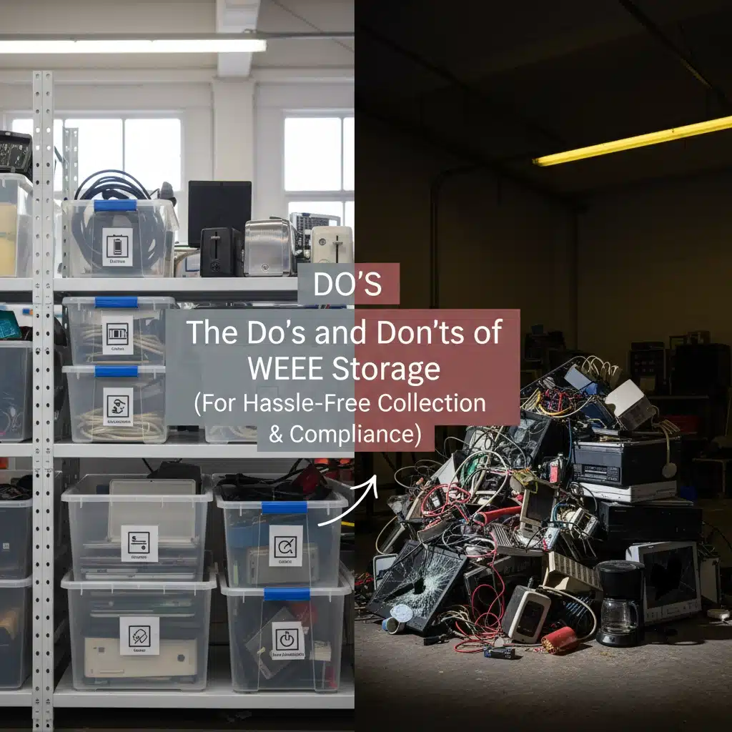 e-waste stored correctly vs e-waste stored incorrectly