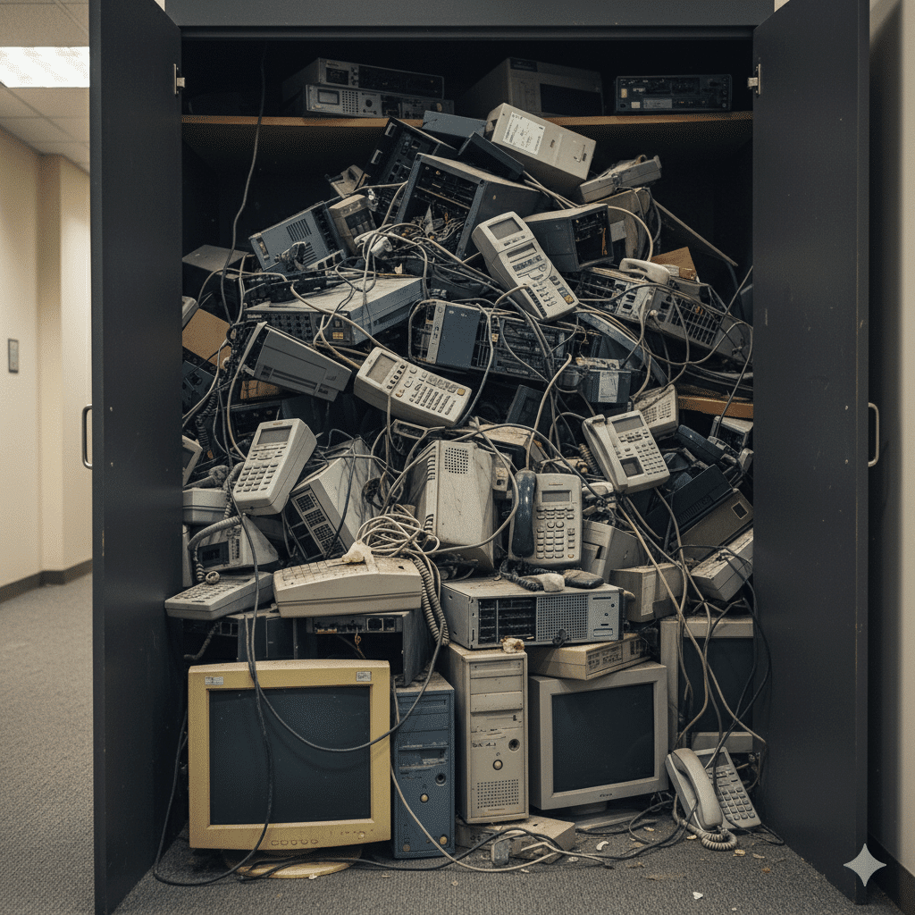 a storage cupboard full of old office electrical items