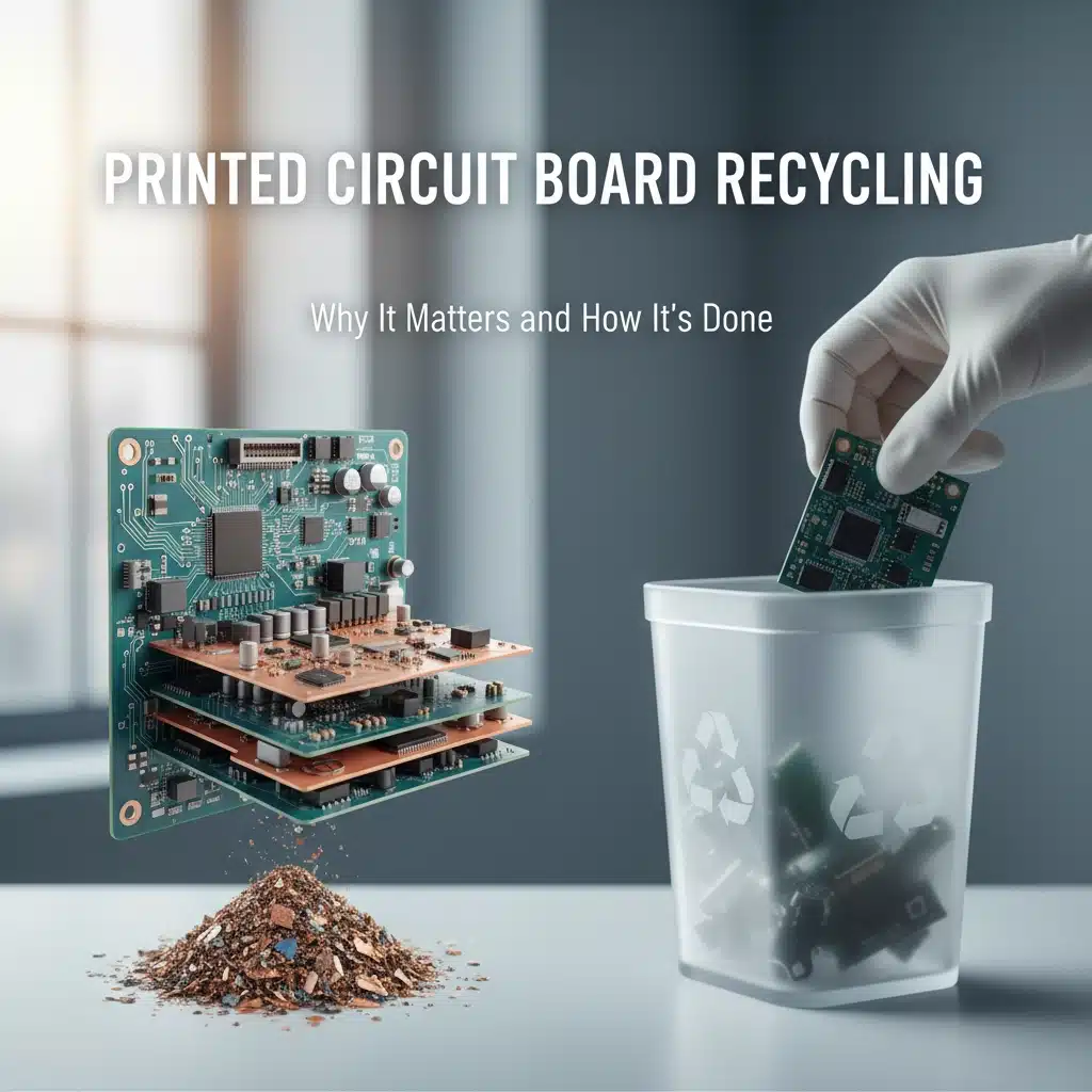 printed circuit boards being sorted and recycled material on a table