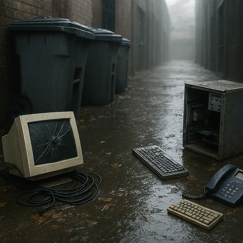 improperly disposed of WEEE by general waste bins in an alleyway in the rain