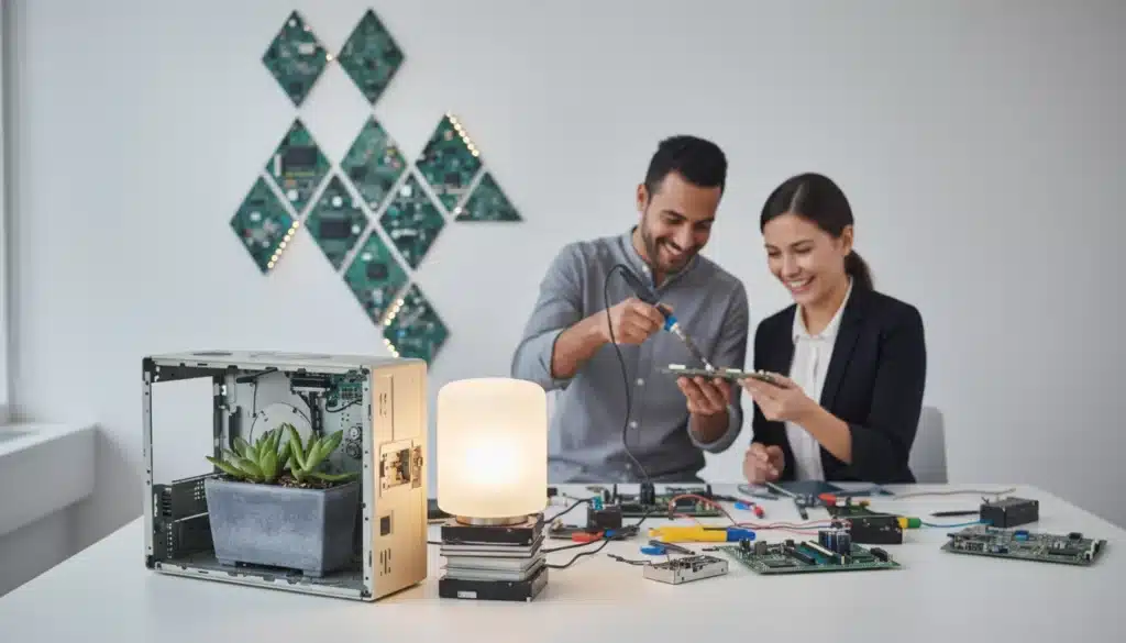 a man and a woman smiling at e-waste art creations