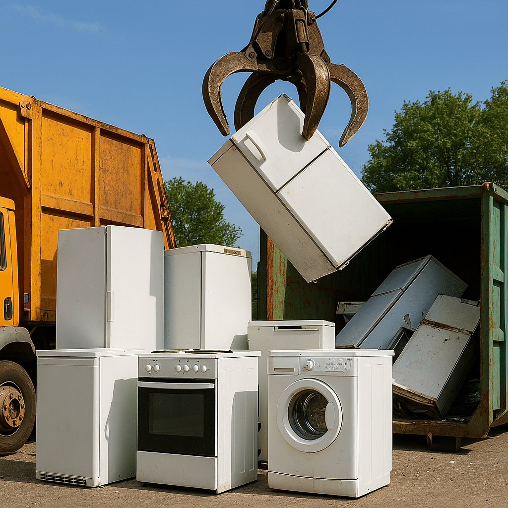 Scrap appliances being lifted for recycling